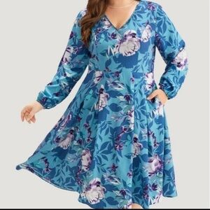 BloomChic Blue Floral V Neck Long Sleeve A line Pleated Dress Size 14-16 or 1X